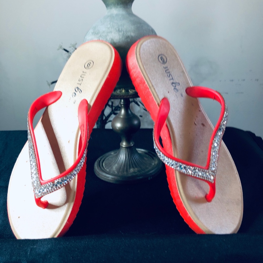 Just Be Women's Red Sandals with Rhinestone Detail